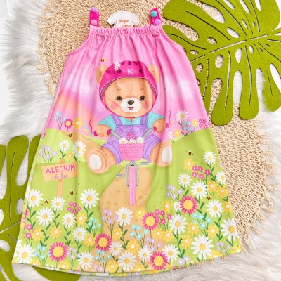  Vestido com Alcinha de Pompom e Ursinha de Bicicleta - Rosa